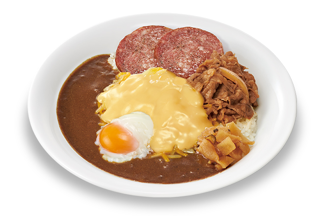Beef Stock & Pork Curry Rice
 w/ Beef ,Cheese,Sausage & Soft-Boiled Egg