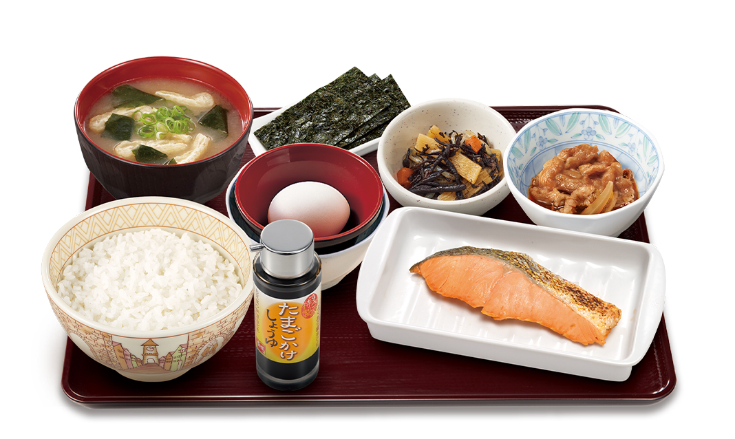 牛焼鮭たまかけ朝食